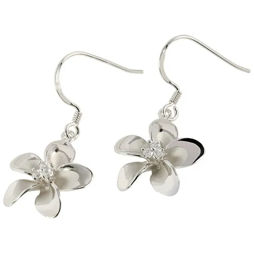 18MM Prong Setting CZ Plumeria Hook Earring Sterling Silver rhodium plated