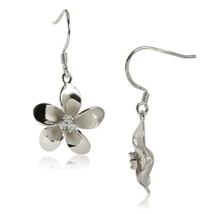 18MM Prong Setting CZ Plumeria Hook Earring Sterling Silver rhodium plated