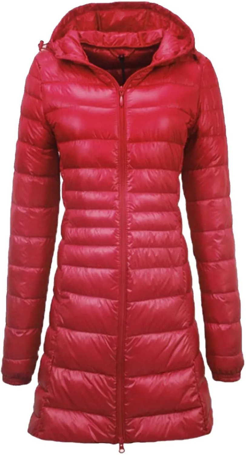 2024 Classic Length Zipper Down Coat for Womens Long Sleeve Casual Quilted Puffer Coat Hooded Warm Slim Down Jacket