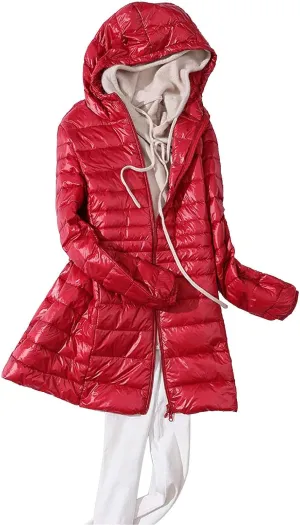 2024 Classic Length Zipper Down Coat for Womens Long Sleeve Casual Quilted Puffer Coat Hooded Warm Slim Down Jacket