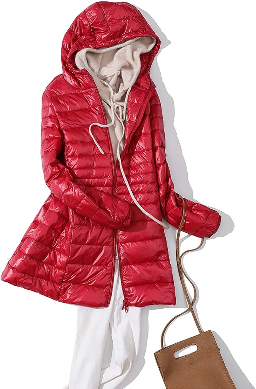 2024 Classic Length Zipper Down Coat for Womens Long Sleeve Casual Quilted Puffer Coat Hooded Warm Slim Down Jacket