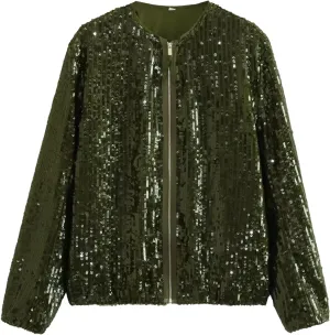 2024 Elegant Temperament Sequin Outwear for Womens Long Sleeve Zipper Overcoat Casual Soft Slim Jacket Coat Work Suits