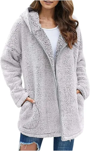2024 Fashion Zipper Knitted Thick Fleece Coat for Women Long Sleeve Hooded Outwear Warm Soft Slim Overcoat Winter Suit