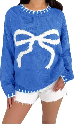 2024 Women's Bow Knitted Sweater Round Neck Long Sleeve Pullover Knitwear Long Sleeve Turtleneck Casual Pullover