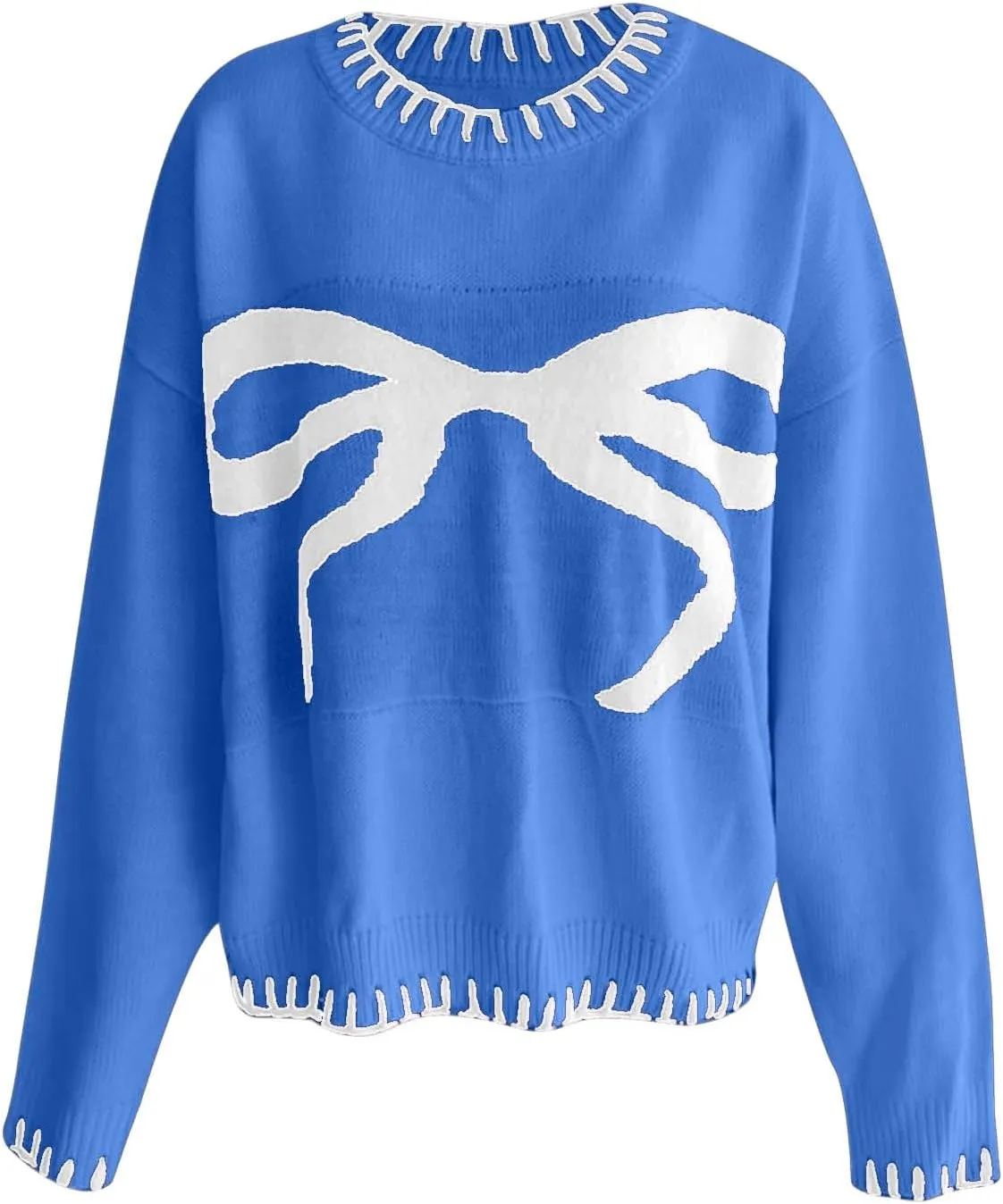 2024 Women's Bow Knitted Sweater Round Neck Long Sleeve Pullover Knitwear Long Sleeve Turtleneck Casual Pullover