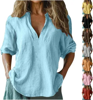 2025 Summer Linen Shirts for Women Casual 3/4 Sleeve Loose Fit Tops Oversized V Neck Cotton Linen Tshirt Beach Tees
