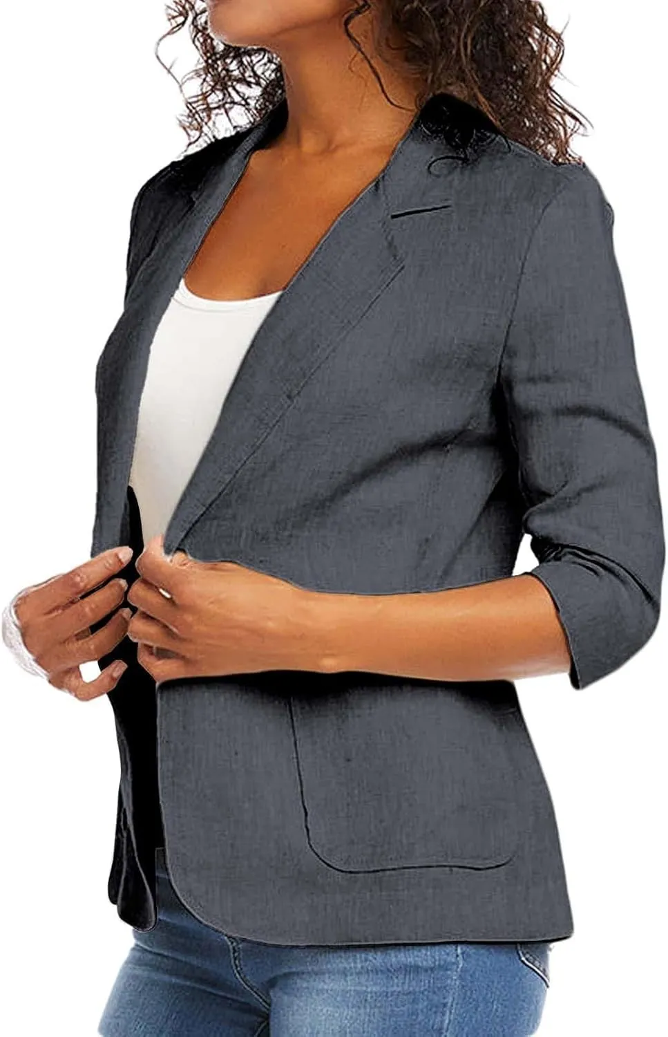 3/4 Ruched Sleeve Blazer for Women Long Sleeve Open Front Notched Collar Jacket One Button Cotton Linen Cardigan Coats