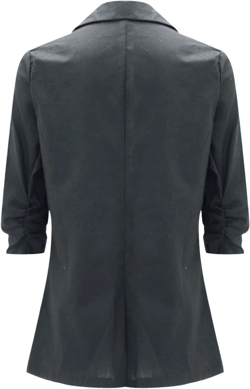 3/4 Ruched Sleeve Blazer for Women Long Sleeve Open Front Notched Collar Jacket One Button Cotton Linen Cardigan Coats