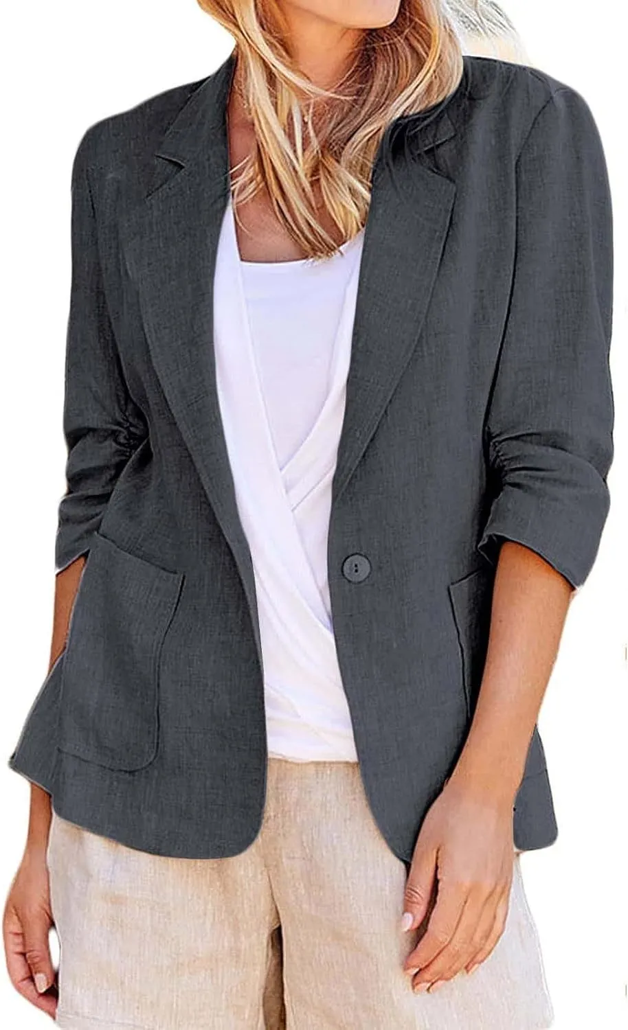 3/4 Ruched Sleeve Blazer for Women Long Sleeve Open Front Notched Collar Jacket One Button Cotton Linen Cardigan Coats