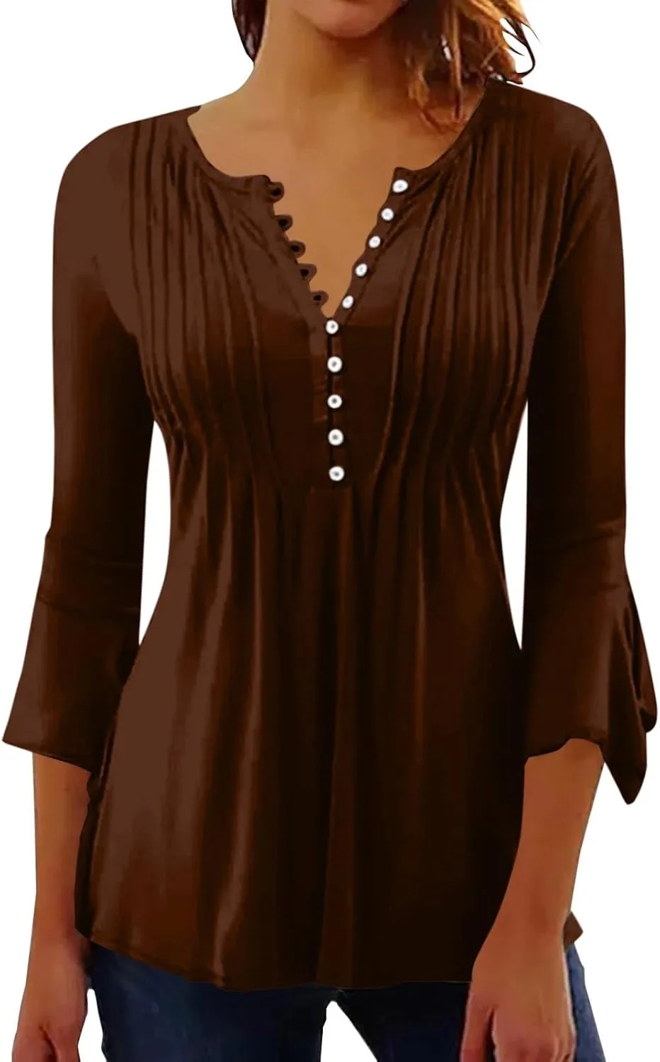 3/4 Sleeve Tops for Women V Neck Dressy Casual Ruffle Sleeve Henley Shirts Loose Fit Button Up Tunic Tops Blouses