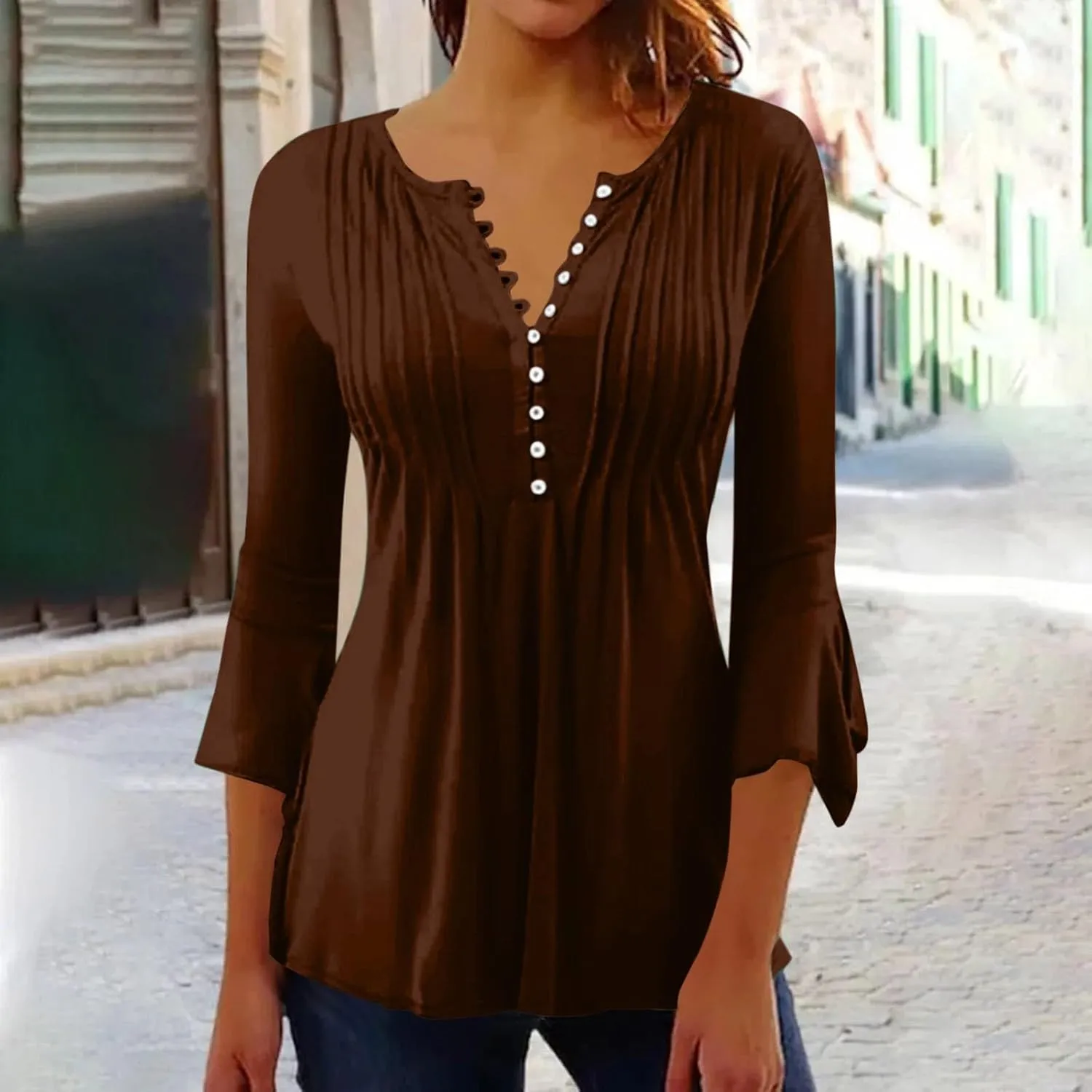 3/4 Sleeve Tops for Women V Neck Dressy Casual Ruffle Sleeve Henley Shirts Loose Fit Button Up Tunic Tops Blouses