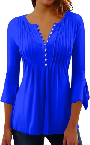 3/4 Sleeve Tops for Women V Neck Dressy Casual Ruffle Sleeve Henley Shirts Loose Fit Button Up Tunic Tops Blouses