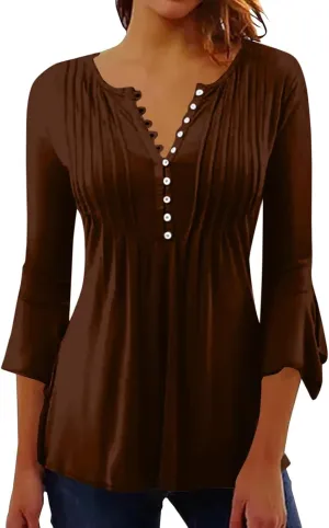 3/4 Sleeve Tops for Women V Neck Dressy Casual Ruffle Sleeve Henley Shirts Loose Fit Button Up Tunic Tops Blouses