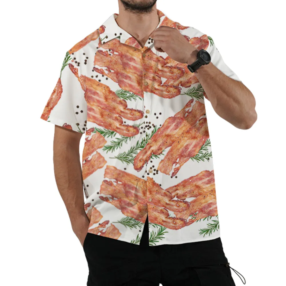 4FunGift® Hawaiian Shirt Gourmet Bacon Print Summer Short Sleeves Breathable and Comfortable