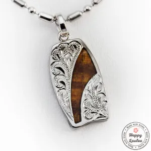 925 Sterling Silver Hand Engraved Body Board Motif Pendant with Koa Wood Inlay