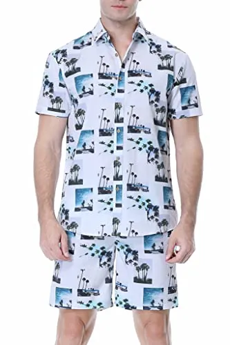 Alex Vando Mens Hawaiian Shirts Casual Short Sleeve Aloha Beach Shirt Suits,White View,L