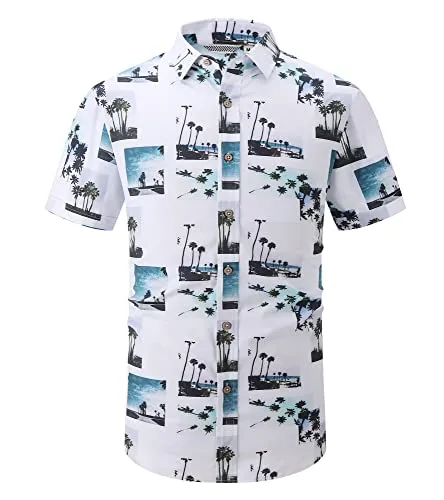 Alex Vando Mens Hawaiian Shirts Casual Short Sleeve Aloha Beach Shirt Suits,White View,L