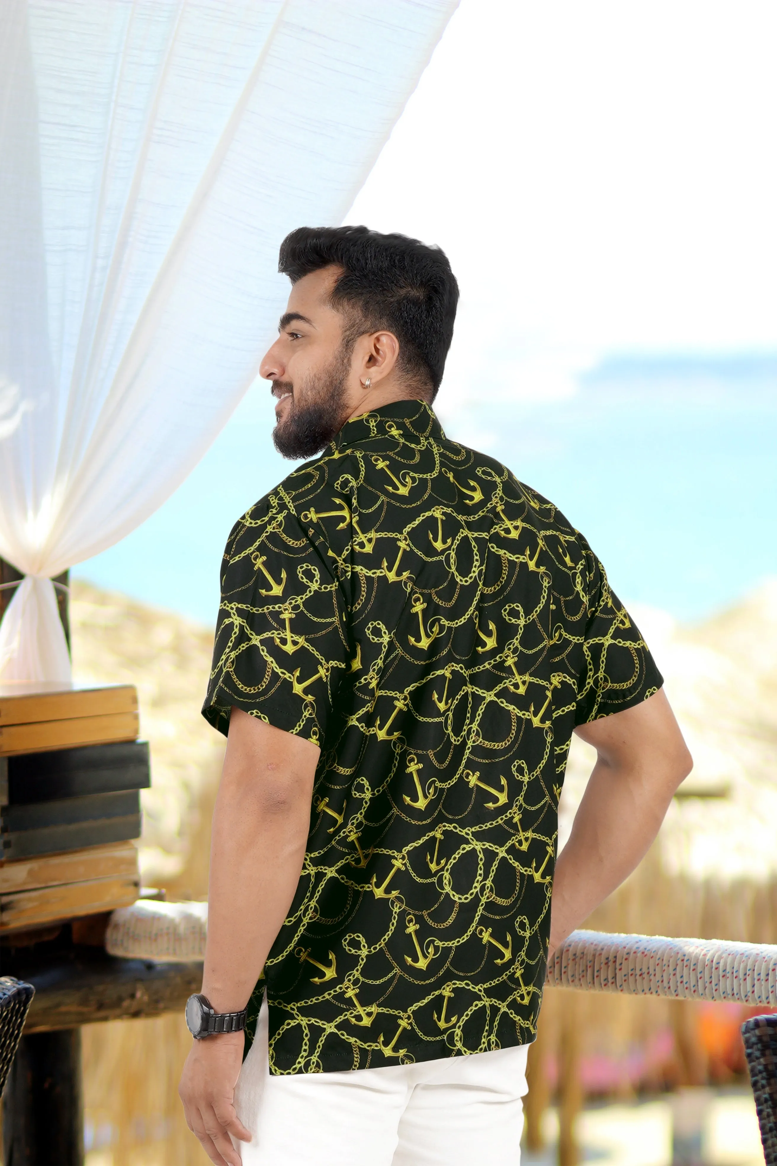 Allover Anchor And Chain Black Printed Hawaiian Beach Shirt For Men