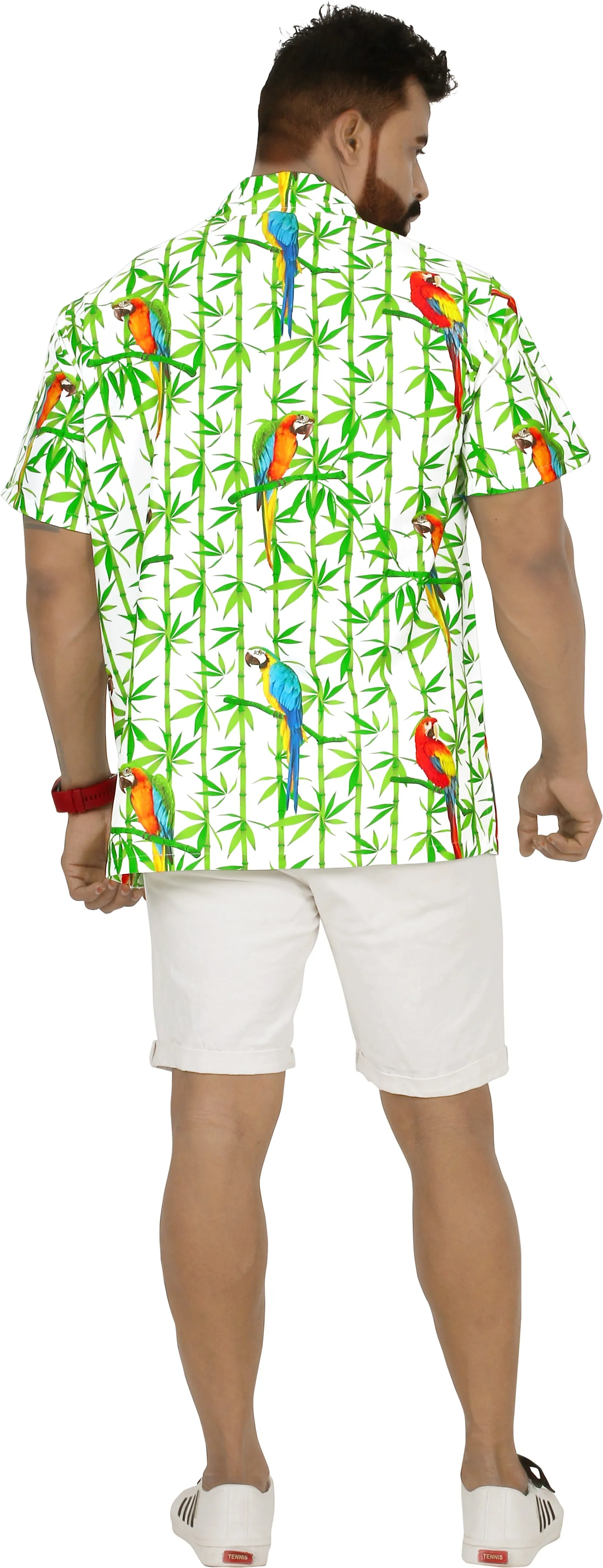 Allover White Parrot and Leaves Printed Hawaiian Beach Shirt For Men