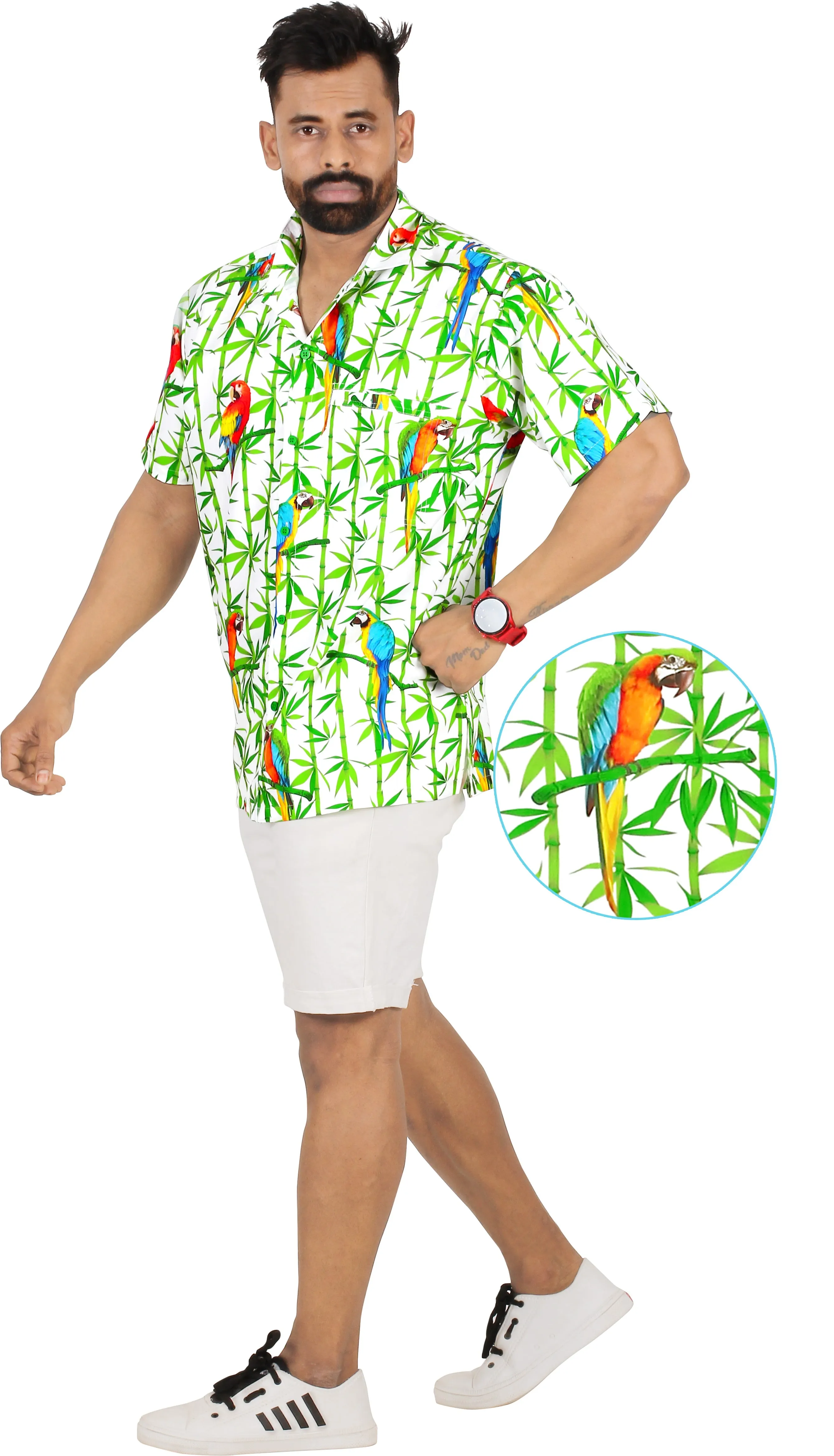 Allover White Parrot and Leaves Printed Hawaiian Beach Shirt For Men