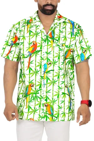 Allover White Parrot and Leaves Printed Hawaiian Beach Shirt For Men