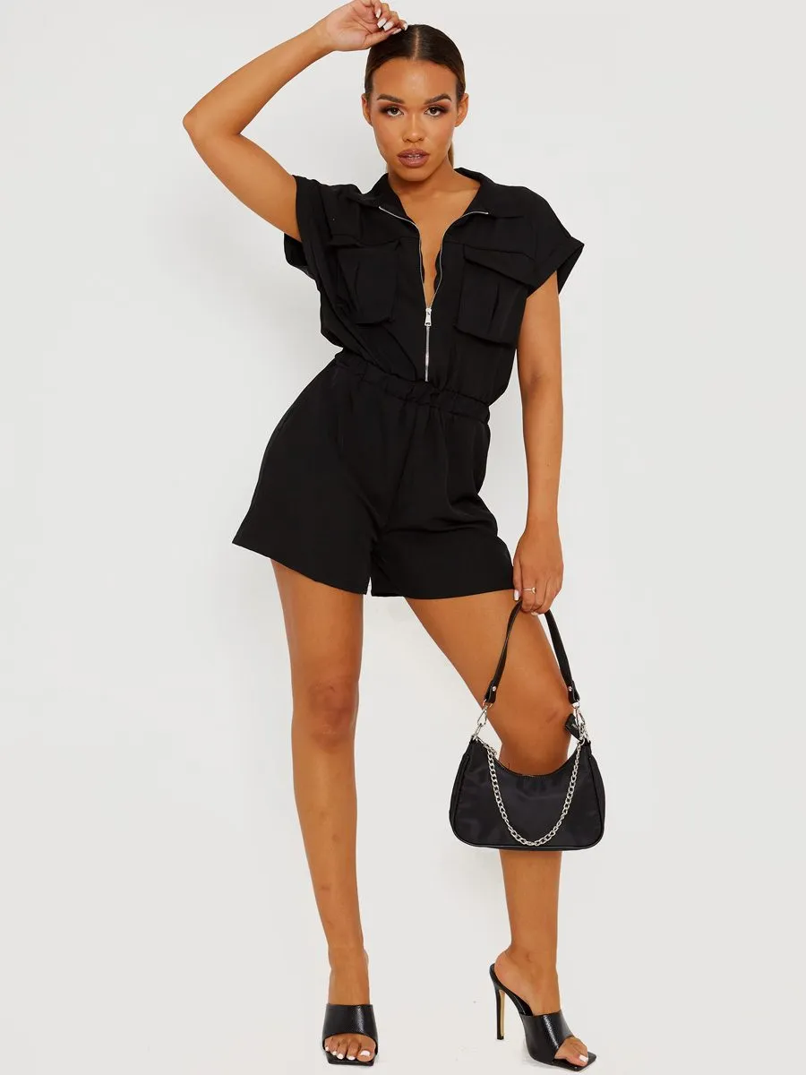 Amalie Utility Cargo Zipped Playsuit In Black