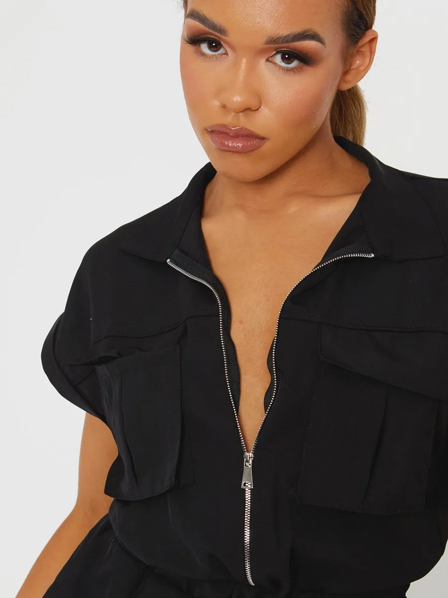 Amalie Utility Cargo Zipped Playsuit In Black