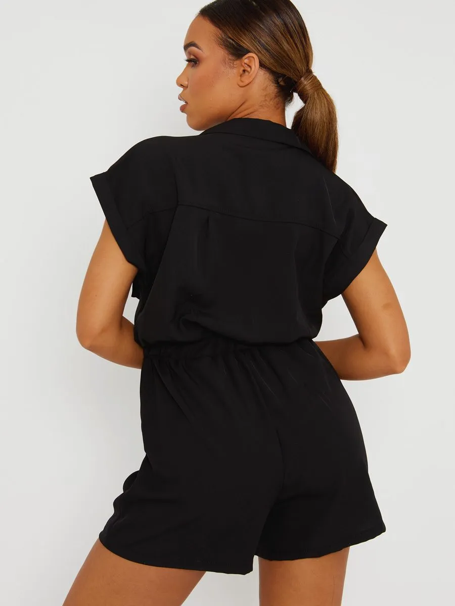 Amalie Utility Cargo Zipped Playsuit In Black