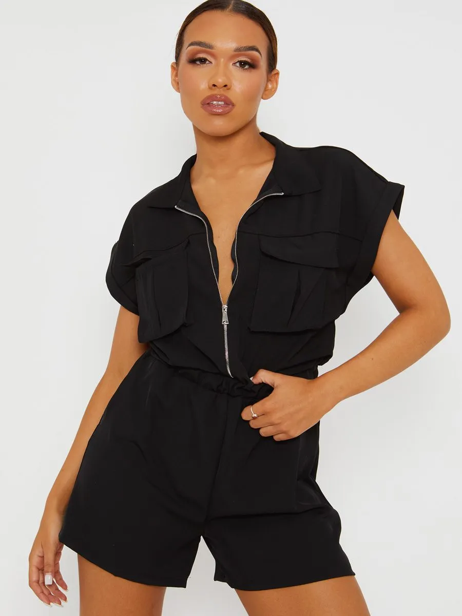 Amalie Utility Cargo Zipped Playsuit In Black