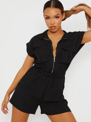 Amalie Utility Cargo Zipped Playsuit In Black