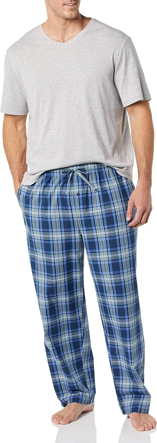 Amazon Essentials Men's Cotton Poplin Pant with Cotton Jersey T-Shirt Pajama Set