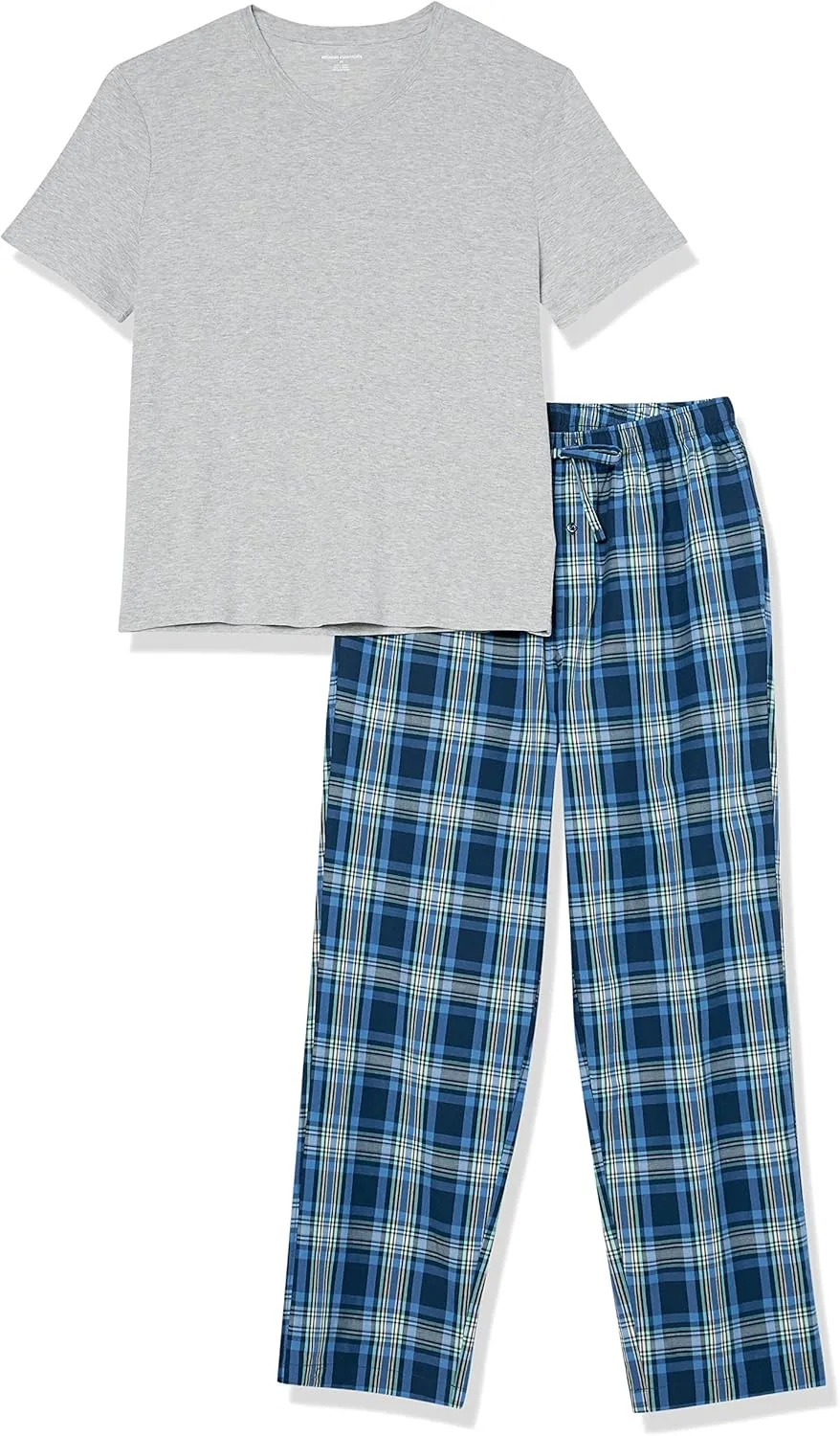 Amazon Essentials Men's Cotton Poplin Pant with Cotton Jersey T-Shirt Pajama Set