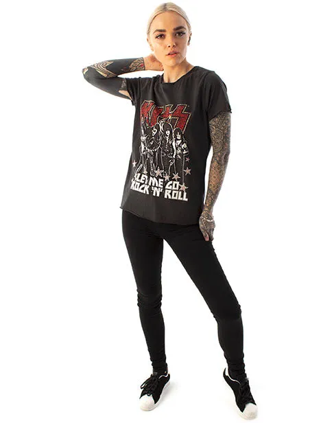 Amplified Kiss Let Me Go Rock 'N' Roll Diamante Women's Charcoal Cotton T-Shirt