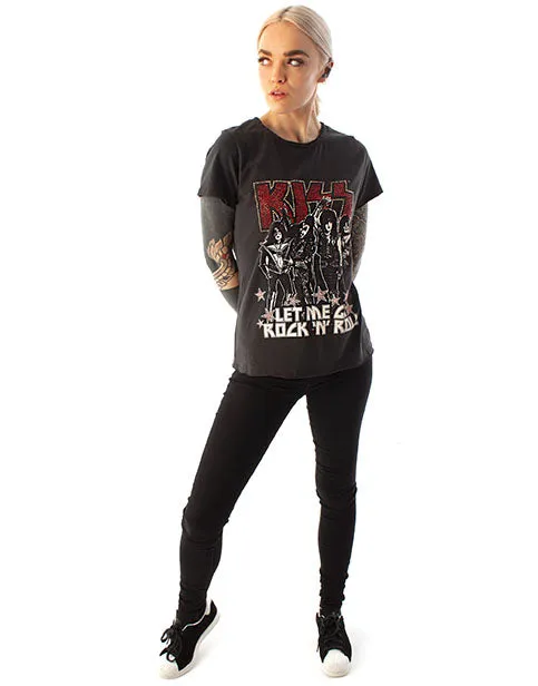 Amplified Kiss Let Me Go Rock 'N' Roll Diamante Women's Charcoal Cotton T-Shirt