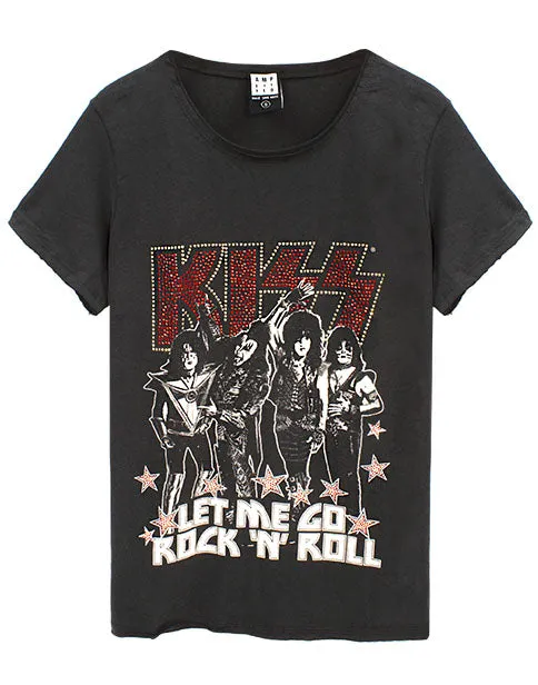 Amplified Kiss Let Me Go Rock 'N' Roll Diamante Women's Charcoal Cotton T-Shirt