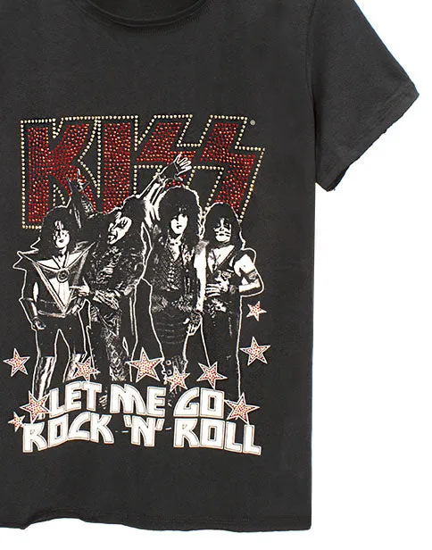 Amplified Kiss Let Me Go Rock 'N' Roll Diamante Women's Charcoal Cotton T-Shirt