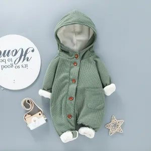 Baby 95% Cotton Long-sleeve Thickened Fleece Lined Hooded Waffle Jumpsuit