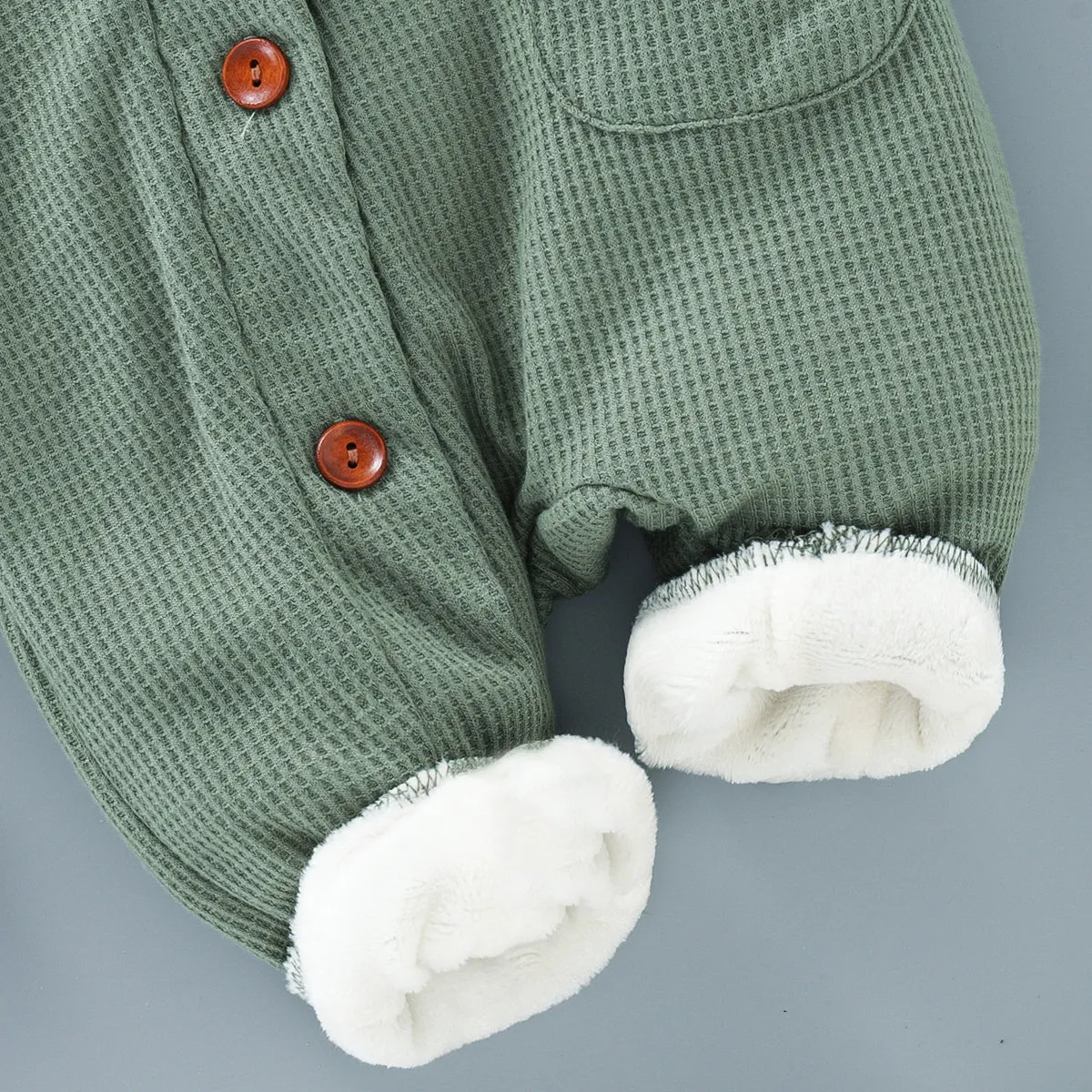 Baby 95% Cotton Long-sleeve Thickened Fleece Lined Hooded Waffle Jumpsuit