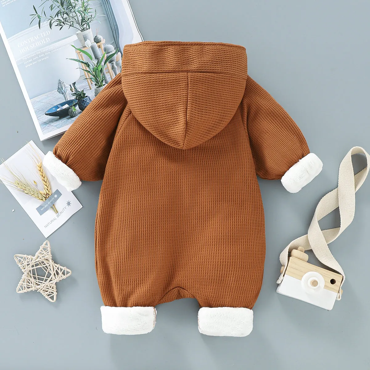 Baby 95% Cotton Long-sleeve Thickened Fleece Lined Hooded Waffle Jumpsuit