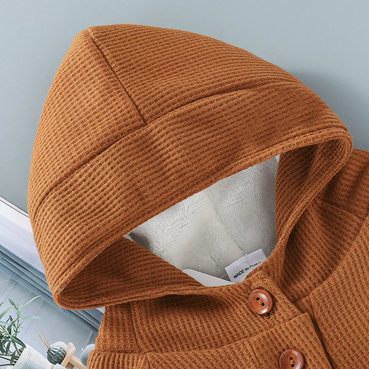 Baby 95% Cotton Long-sleeve Thickened Fleece Lined Hooded Waffle Jumpsuit