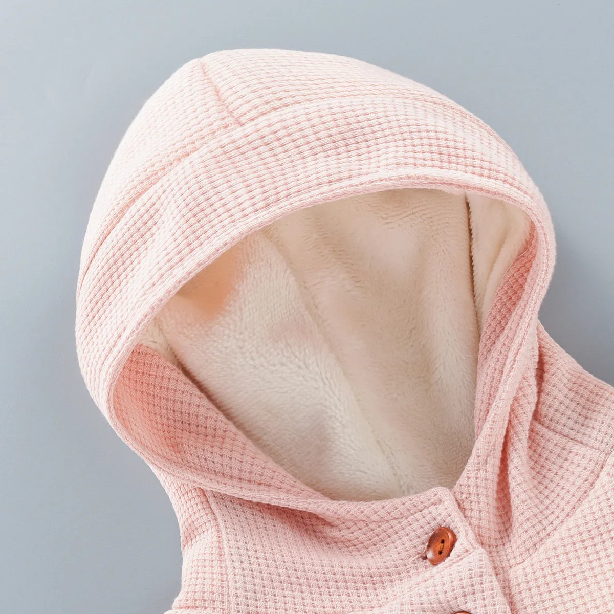 Baby 95% Cotton Long-sleeve Thickened Fleece Lined Hooded Waffle Jumpsuit