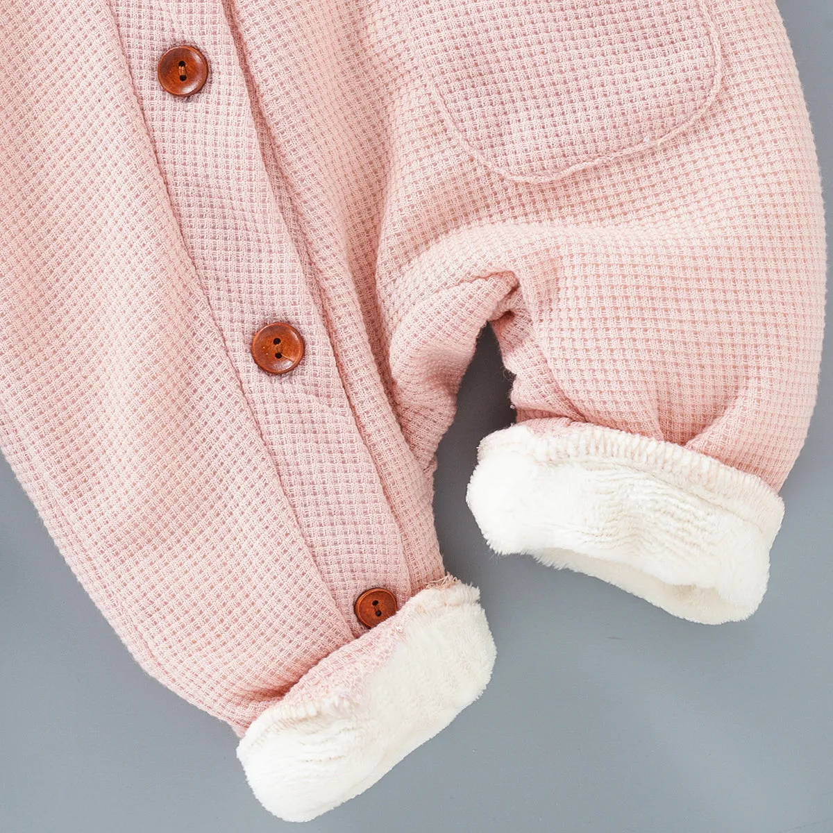 Baby 95% Cotton Long-sleeve Thickened Fleece Lined Hooded Waffle Jumpsuit