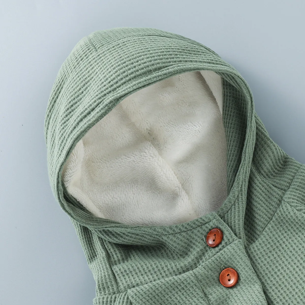 Baby 95% Cotton Long-sleeve Thickened Fleece Lined Hooded Waffle Jumpsuit