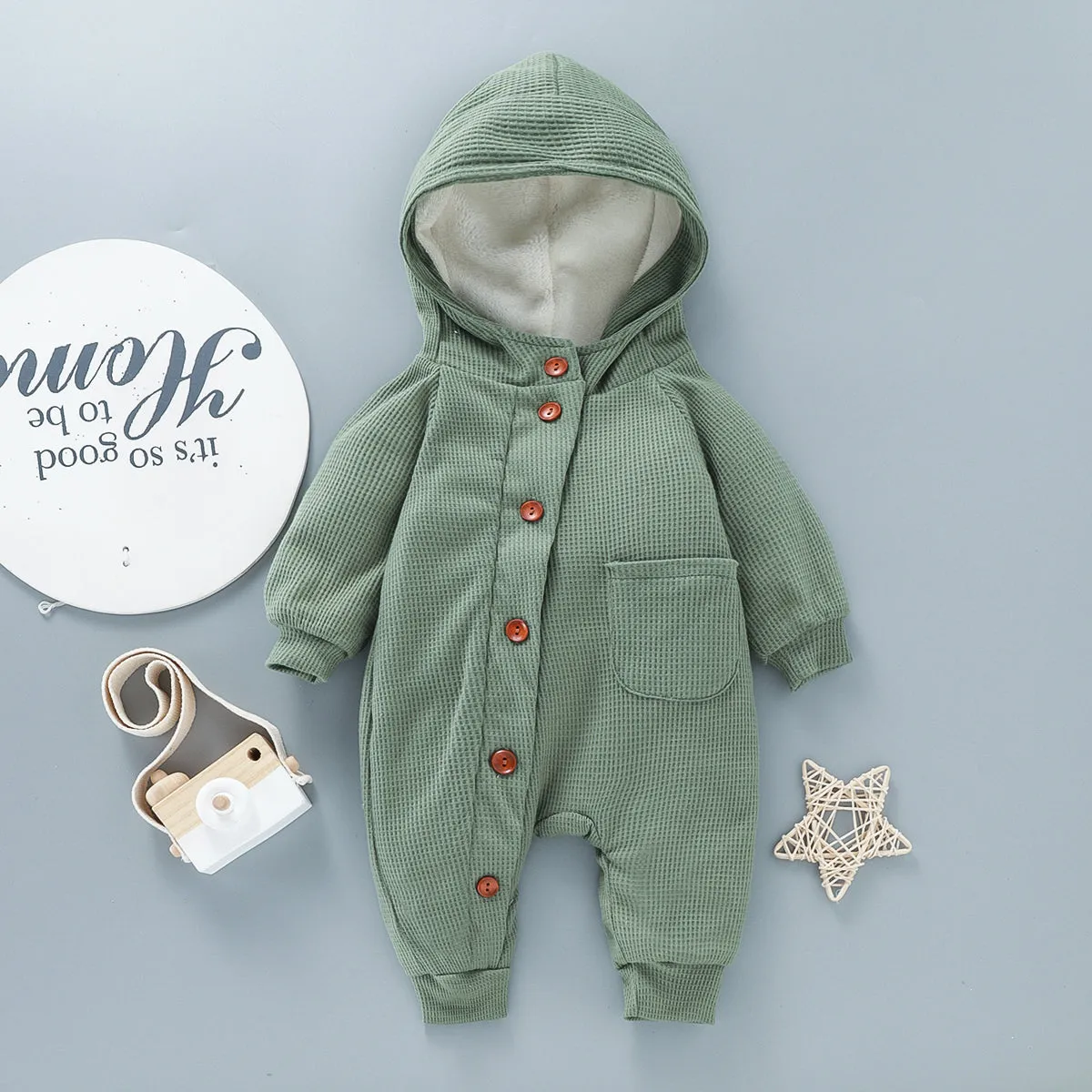 Baby 95% Cotton Long-sleeve Thickened Fleece Lined Hooded Waffle Jumpsuit