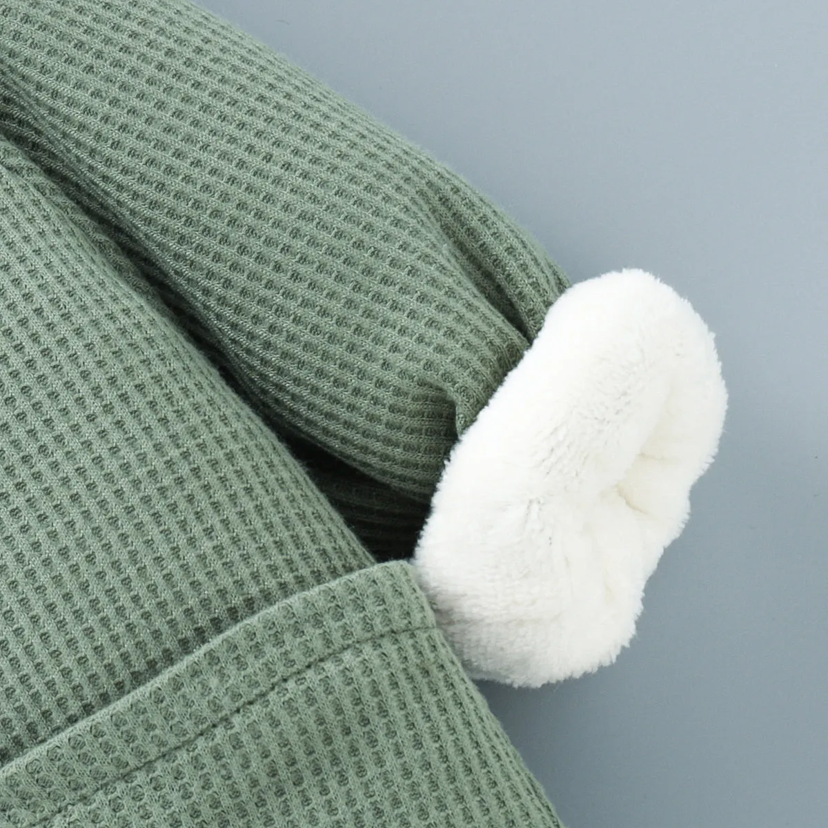 Baby 95% Cotton Long-sleeve Thickened Fleece Lined Hooded Waffle Jumpsuit