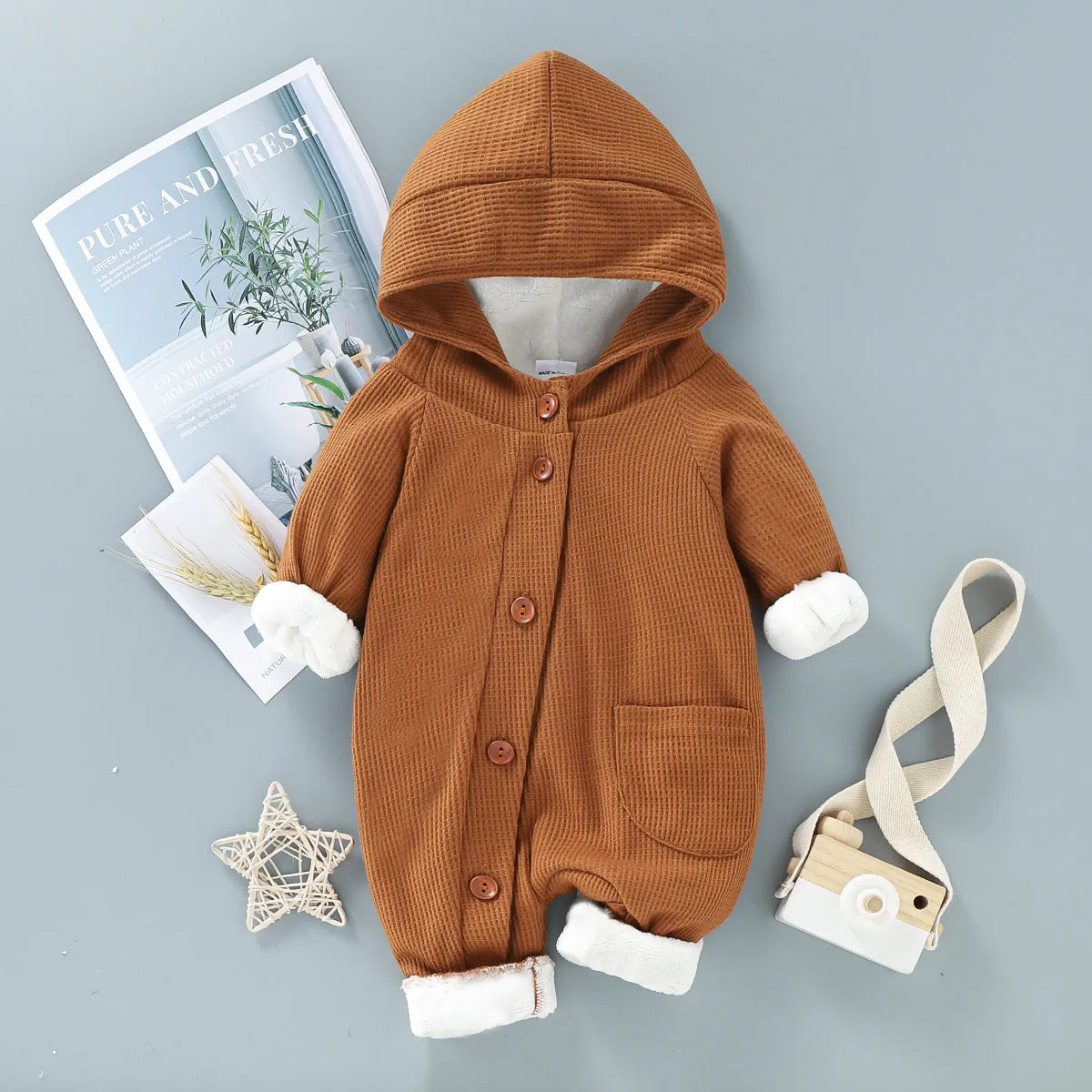 Baby 95% Cotton Long-sleeve Thickened Fleece Lined Hooded Waffle Jumpsuit