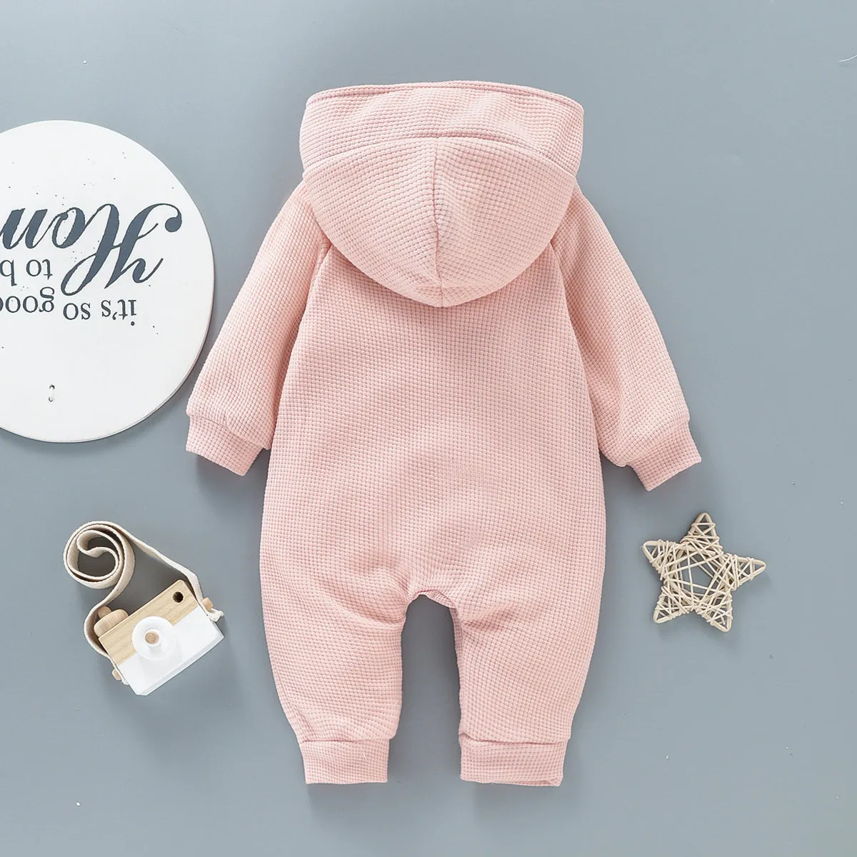 Baby 95% Cotton Long-sleeve Thickened Fleece Lined Hooded Waffle Jumpsuit