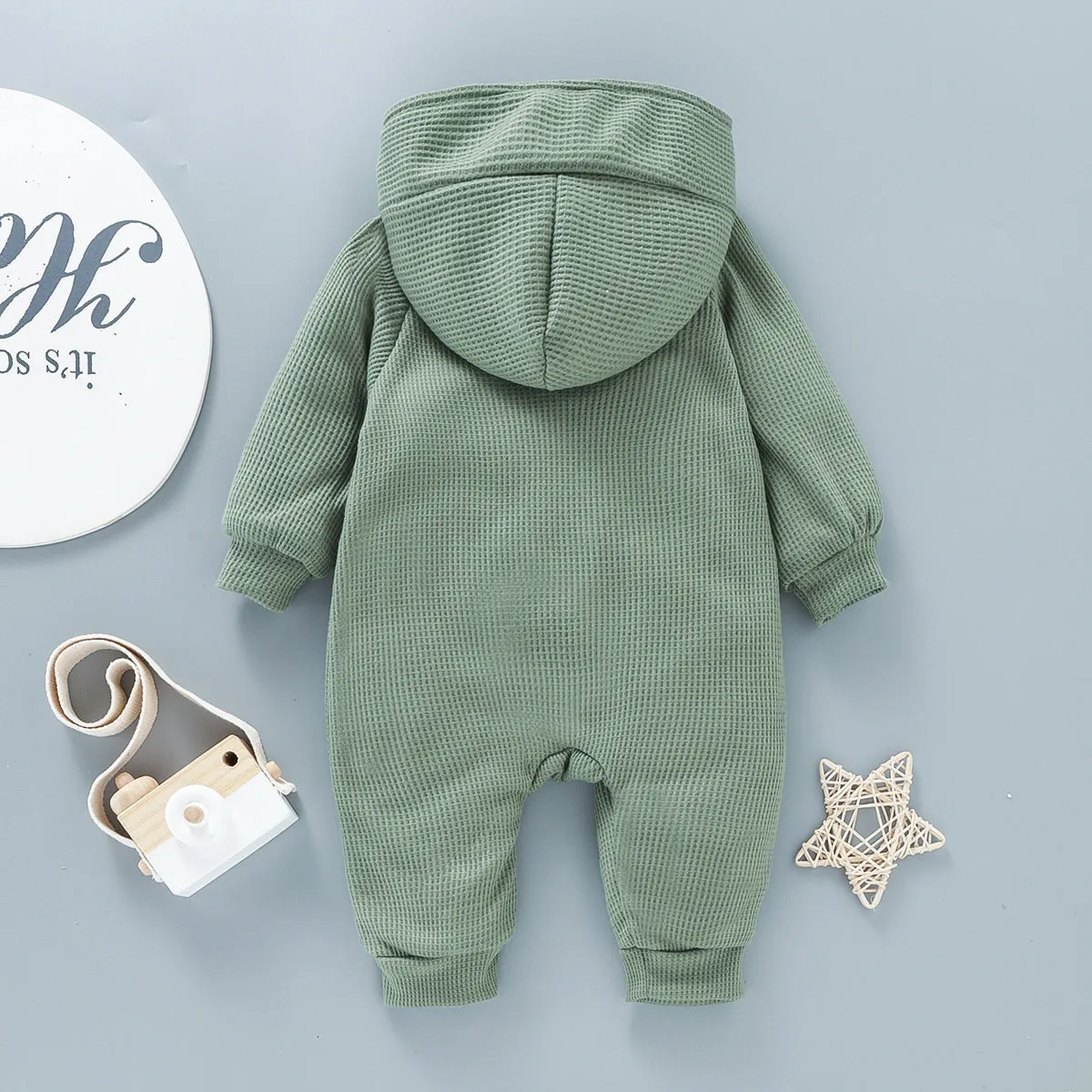 Baby 95% Cotton Long-sleeve Thickened Fleece Lined Hooded Waffle Jumpsuit