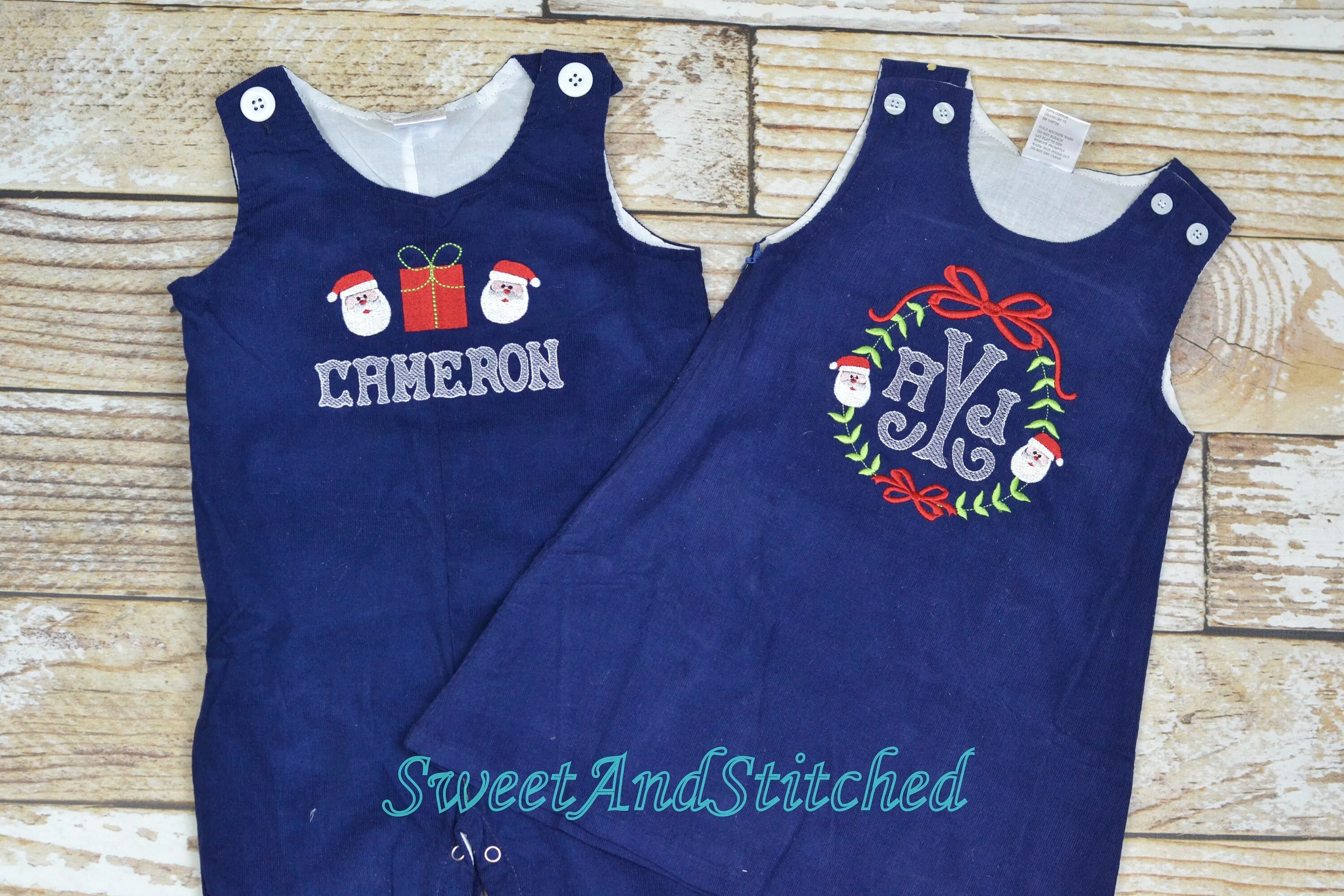 Baby boy Christmas outfit, Toddler Boys Christmas overalls, Boys monogrammed santa outfit, Navy Corduroy Christmas Longall Outfit