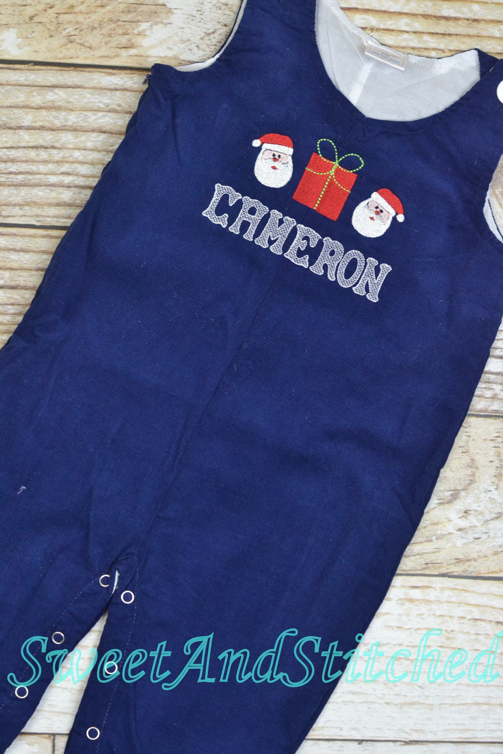 Baby boy Christmas outfit, Toddler Boys Christmas overalls, Boys monogrammed santa outfit, Navy Corduroy Christmas Longall Outfit